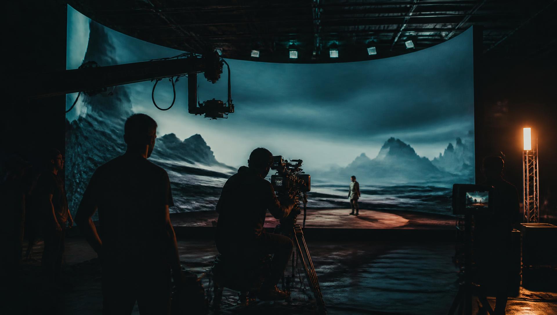 Film crew working on an LED volume hybrid production stage